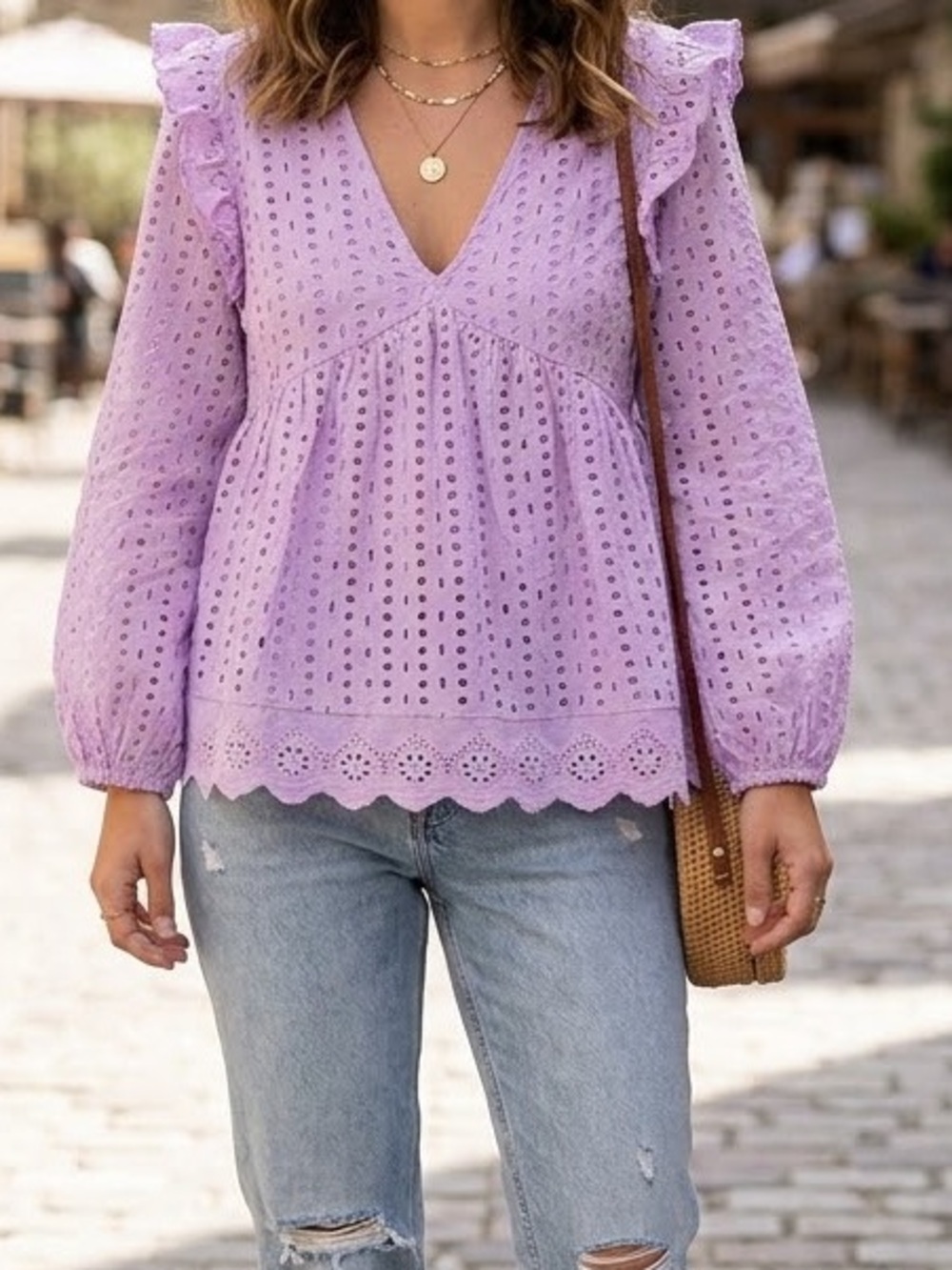 entro Lavender Eyelet V-Neck Ruffle Peplum Tunic